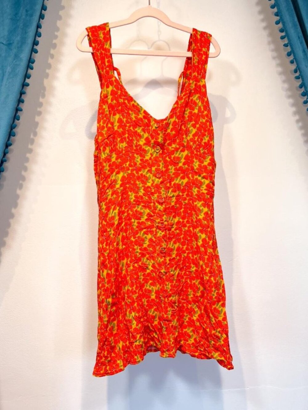Yellow and Red Flowy Dress - Floral Poppies Mini Dress (Medium)